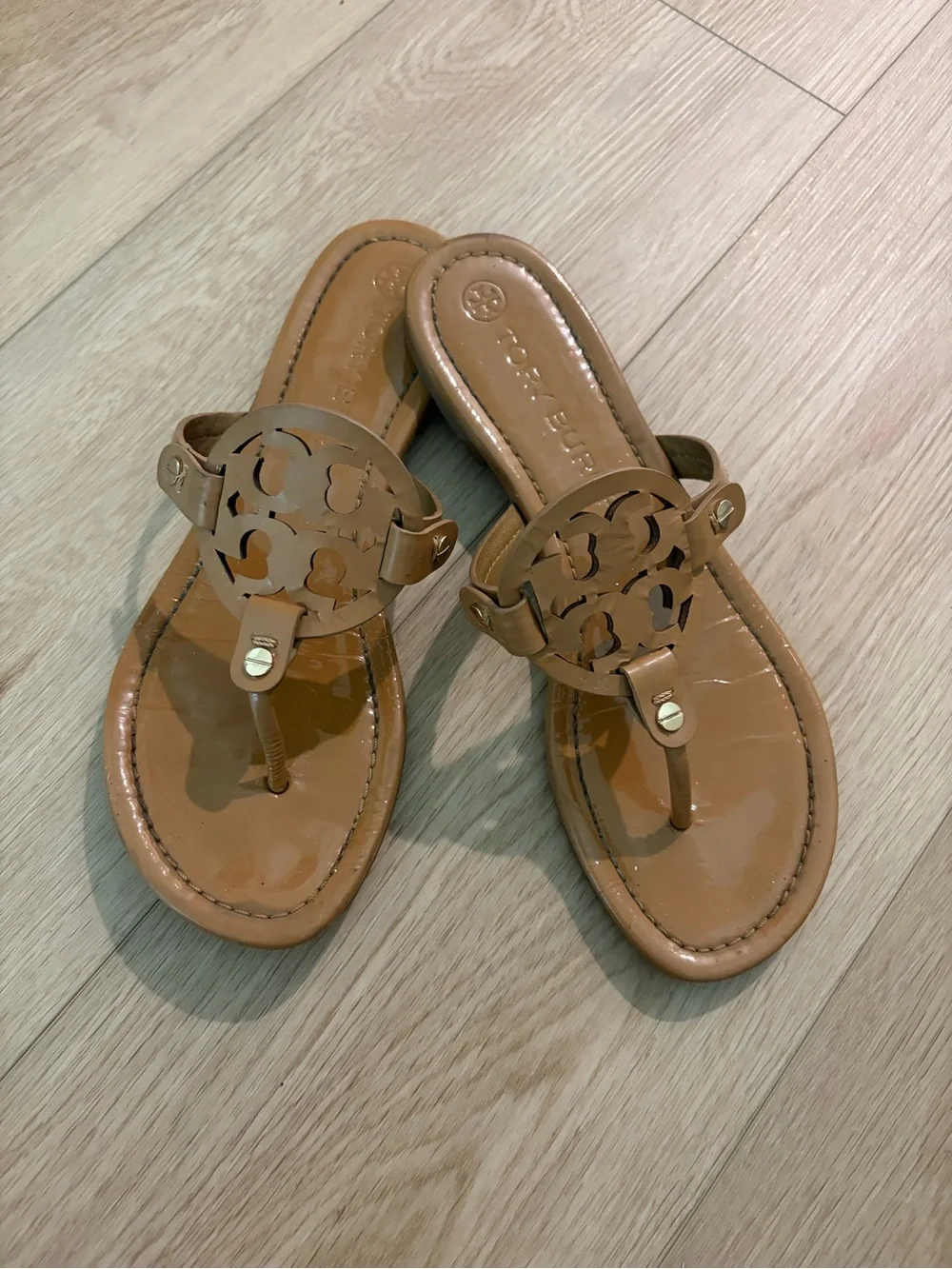 Tory Burch Tan Leather Logo Thong Sandals